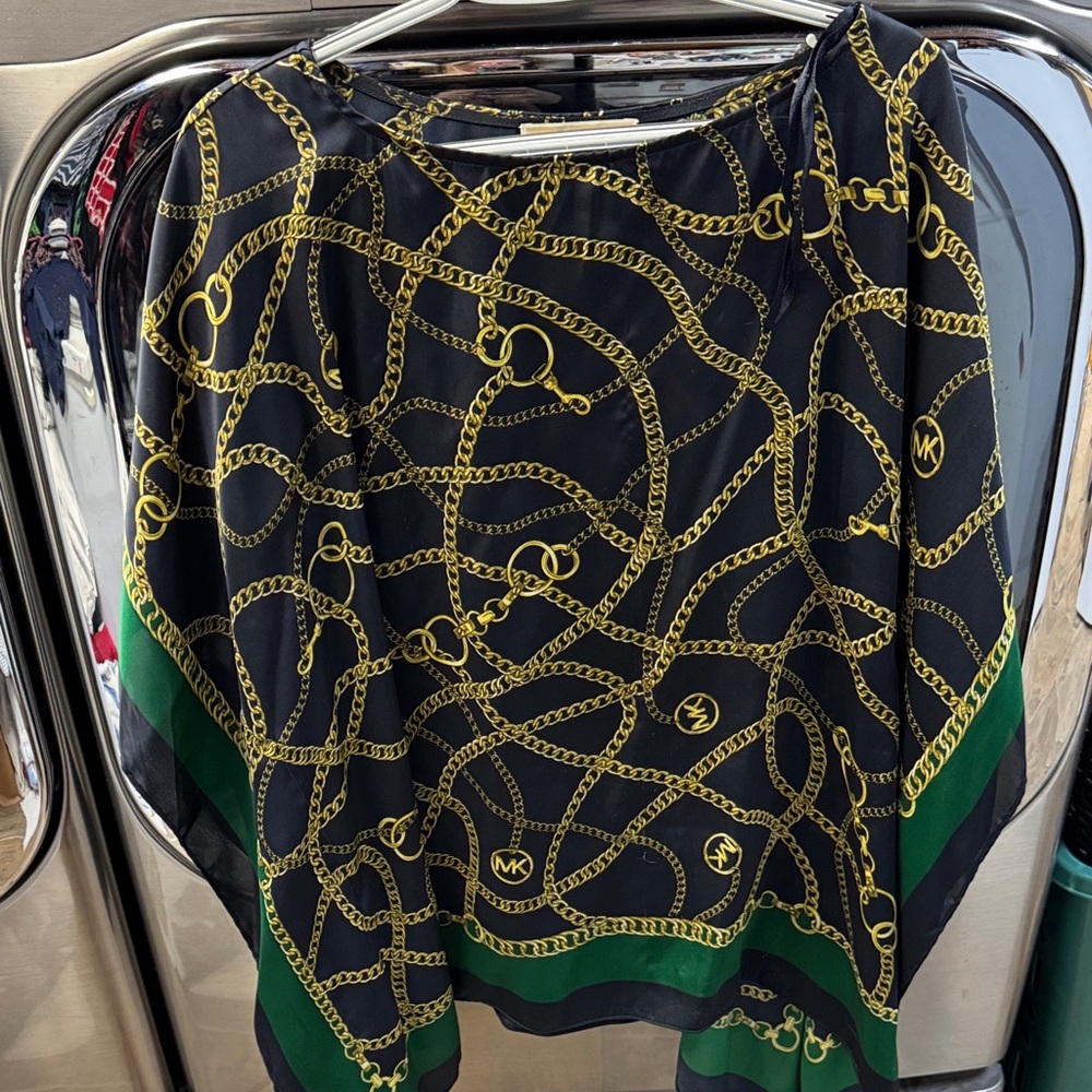 Michael Kors Navy and Gold Chain Scarf poncho blouse 1x